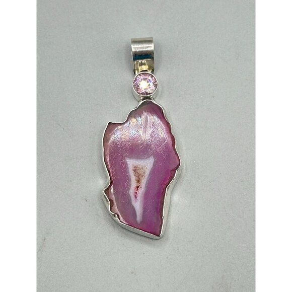 Pink Druzy Quartz Gemstone Pendant Sterling Silver 925 with Pink Glass Stone - Picture 2 of 7